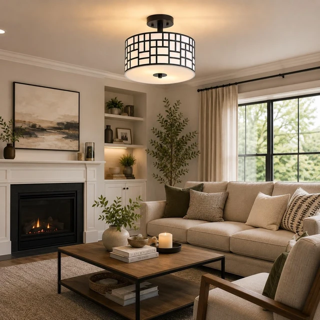 Alt view image 7 of 7 - Semi Flush Mount Ceiling Light Black Rectangle Pattern LED Light Fixture with Drum Shade Indoor Use Living Dining Room Kitchen Modern Chandelier Lamps Brushed Chrome Finish E26 Bulb Base
