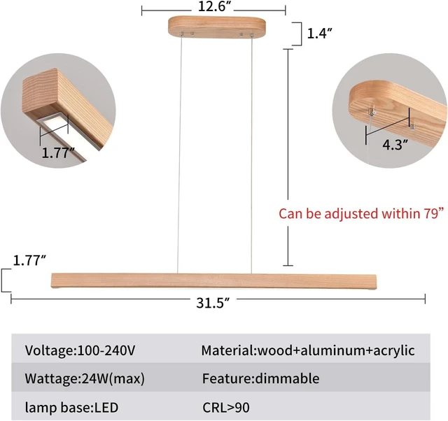 Alt view image 2 of 7 - 31" Wooden Linear Pendant Light LED Pendant Light Dimmable Pool Table Island Lights Modern Linear Chandeliers for Dining Room Kitchen Ceiling Pendant Lamp for Dining Room Kitchen Island Natural