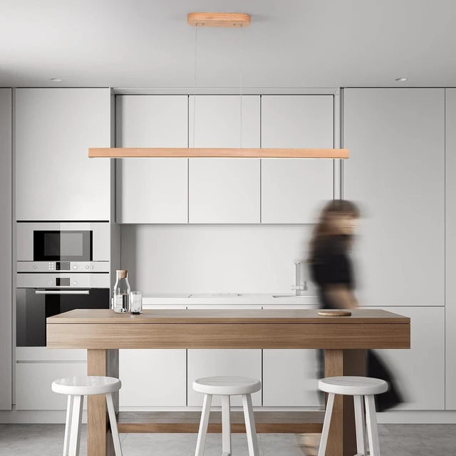 Alt view image 3 of 7 - 31" Wooden Linear Pendant Light LED Pendant Light Dimmable Pool Table Island Lights Modern Linear Chandeliers for Dining Room Kitchen Ceiling Pendant Lamp for Dining Room Kitchen Island Natural