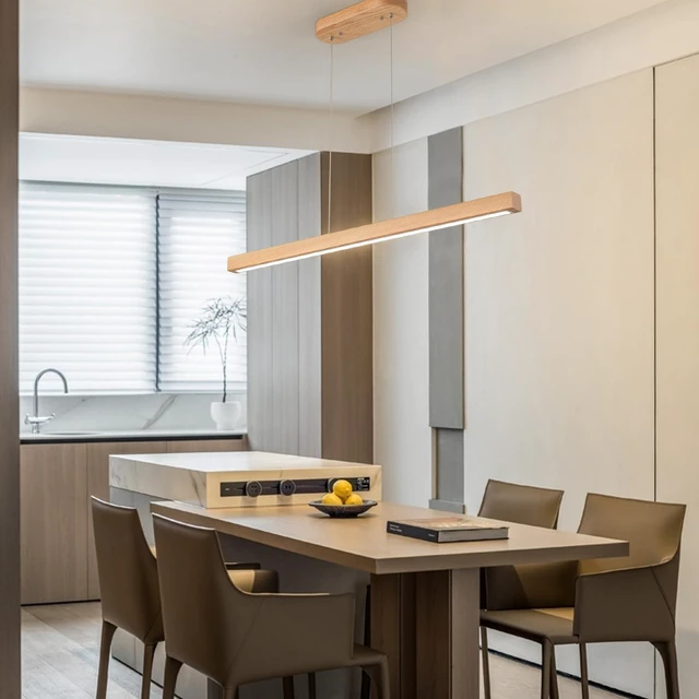 Alt view image 4 of 7 - 31" Wooden Linear Pendant Light LED Pendant Light Dimmable Pool Table Island Lights Modern Linear Chandeliers for Dining Room Kitchen Ceiling Pendant Lamp for Dining Room Kitchen Island Natural