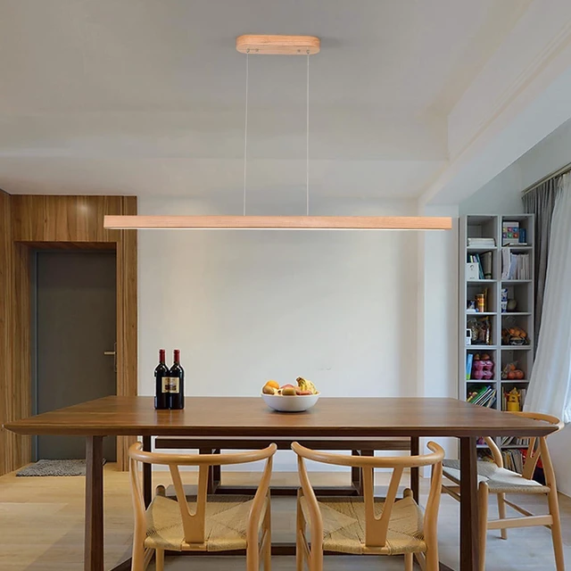 Alt view image 7 of 7 - 31" Wooden Linear Pendant Light LED Pendant Light Dimmable Pool Table Island Lights Modern Linear Chandeliers for Dining Room Kitchen Ceiling Pendant Lamp for Dining Room Kitchen Island Natural