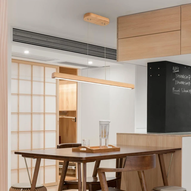 Alt view image 5 of 7 - 31" Wooden Linear Pendant Light LED Pendant Light Dimmable Pool Table Island Lights Modern Linear Chandeliers for Dining Room Kitchen Ceiling Pendant Lamp for Dining Room Kitchen Island Natural