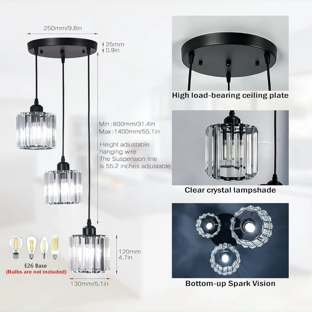 Alt view image 4 of 7 - 3-Light Crystal Raindrop Chandelier, Black, for High Ceilings