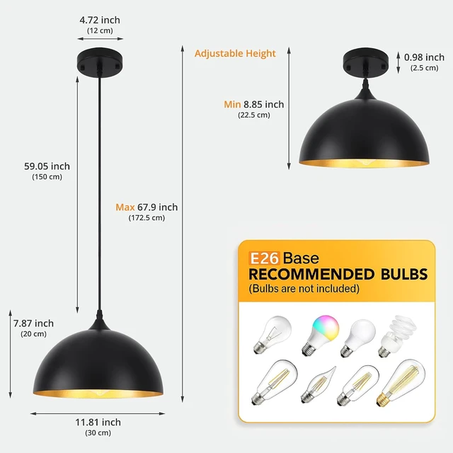 Alt view image 3 of 7 - Black Pendant Lights Kitchen Island 3 Pack, 11.8'' Modern Dome Pendant Light Farmhouse Hanging Light Fixture for Dining Room Restaurant Foyer Bar Cafe Sink