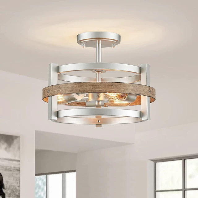 Main image of WUZUPS 3-Light Metal Drum Chandelier Imitation Wood Grain Shade Round Semi Flushmount Ceiling Lighting Rustic Farmhouse Fixture Foyer Entry Kitchen, H 9.4" x W13.8, E26 Base, Nickel