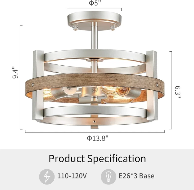 Alt view image 2 of 7 - WUZUPS 3-Light Metal Drum Chandelier Imitation Wood Grain Shade Round Semi Flushmount Ceiling Lighting Rustic Farmhouse Fixture Foyer Entry Kitchen, H 9.4" x W13.8, E26 Base, Nickel