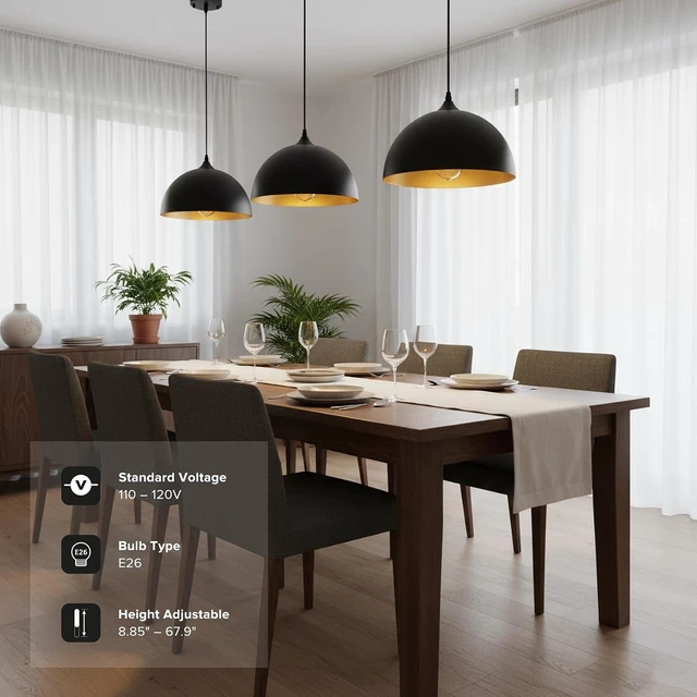 Alt view image 2 of 7 - Black Pendant Lights Kitchen Island 3 Pack, 11.8'' Modern Dome Pendant Light Farmhouse Hanging Light Fixture for Dining Room Restaurant Foyer Bar Cafe Sink