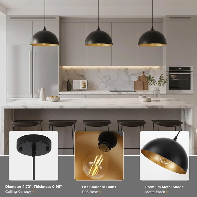 Alt view image 6 of 7 - Black Pendant Lights Kitchen Island 3 Pack, 11.8'' Modern Dome Pendant Light Farmhouse Hanging Light Fixture for Dining Room Restaurant Foyer Bar Cafe Sink