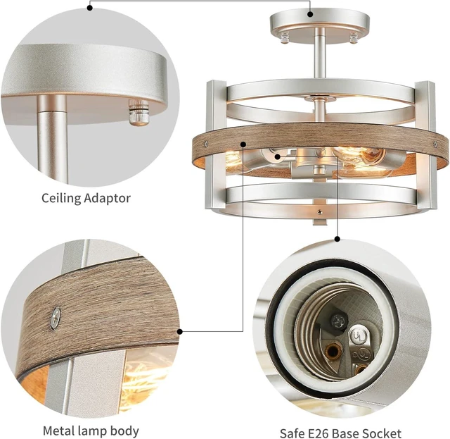 Alt view image 3 of 7 - WUZUPS 3-Light Metal Drum Chandelier Imitation Wood Grain Shade Round Semi Flushmount Ceiling Lighting Rustic Farmhouse Fixture Foyer Entry Kitchen, H 9.4" x W13.8, E26 Base, Nickel