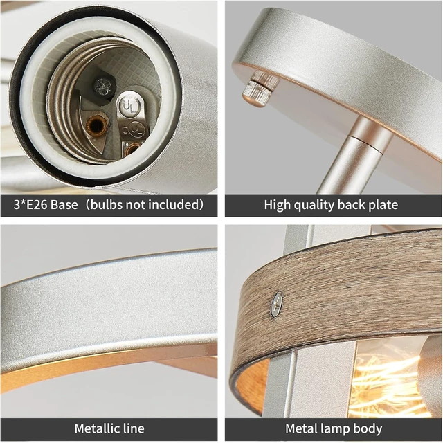 Alt view image 5 of 7 - WUZUPS 3-Light Metal Drum Chandelier Imitation Wood Grain Shade Round Semi Flushmount Ceiling Lighting Rustic Farmhouse Fixture Foyer Entry Kitchen, H 9.4" x W13.8, E26 Base, Nickel