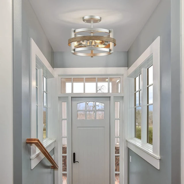 Alt view image 7 of 7 - WUZUPS 3-Light Metal Drum Chandelier Imitation Wood Grain Shade Round Semi Flushmount Ceiling Lighting Rustic Farmhouse Fixture Foyer Entry Kitchen, H 9.4" x W13.8, E26 Base, Nickel