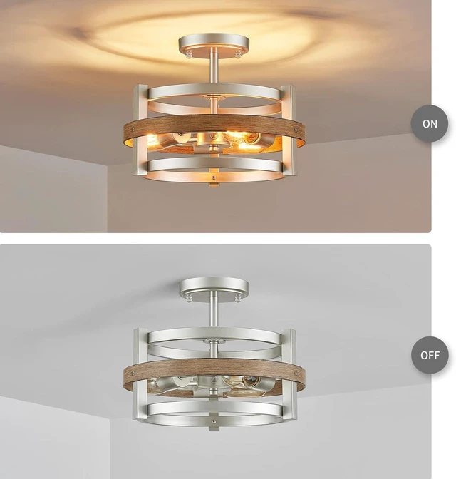 Alt view image 4 of 7 - WUZUPS 3-Light Metal Drum Chandelier Imitation Wood Grain Shade Round Semi Flushmount Ceiling Lighting Rustic Farmhouse Fixture Foyer Entry Kitchen, H 9.4" x W13.8, E26 Base, Nickel