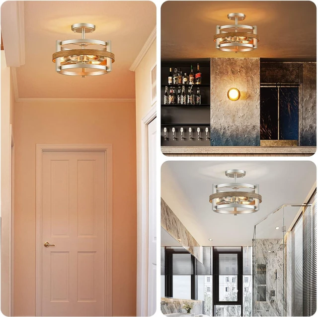 Alt view image 6 of 7 - WUZUPS 3-Light Metal Drum Chandelier Imitation Wood Grain Shade Round Semi Flushmount Ceiling Lighting Rustic Farmhouse Fixture Foyer Entry Kitchen, H 9.4" x W13.8, E26 Base, Nickel