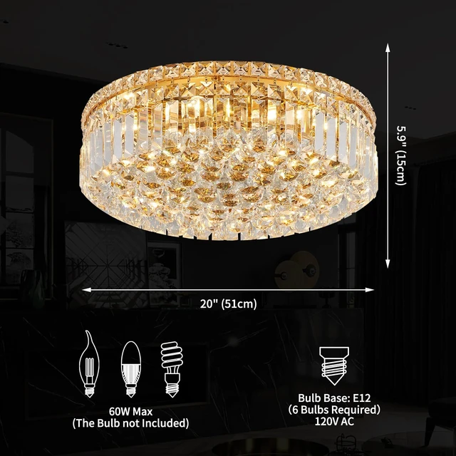 Alt view image 3 of 7 - 20" Modern Crystal Chandelier, 6-Light Gold Crystal Flush Mount Chandelier, K9 Round Ceiling Lights Raindrop Chandeliers Light Fixture for Dining Room Entryway Foyer Bedroom Kitchen Living Room