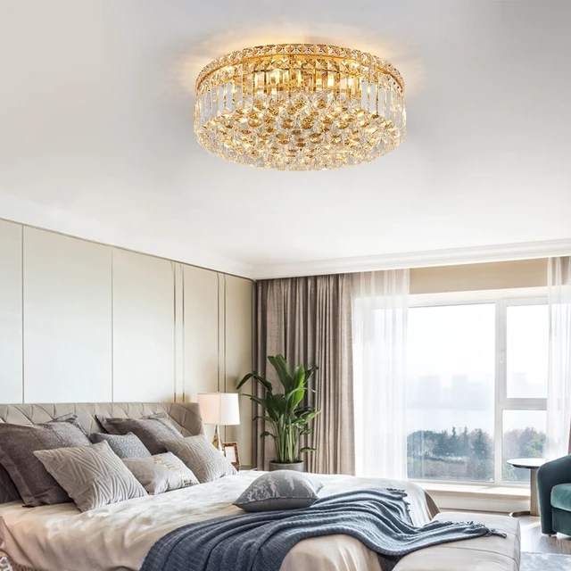 Alt view image 7 of 7 - 20" Modern Crystal Chandelier, 6-Light Gold Crystal Flush Mount Chandelier, K9 Round Ceiling Lights Raindrop Chandeliers Light Fixture for Dining Room Entryway Foyer Bedroom Kitchen Living Room
