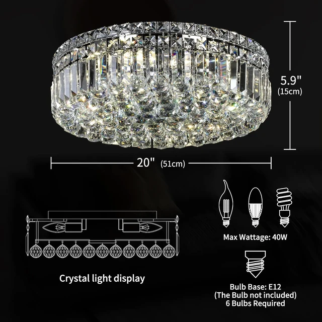Alt view image 3 of 7 - 20" Modern Crystal Chandelier, 6-Light Chrome Crystal Flush Mount Chandelier, K9 Round Ceiling Lights Raindrop Chandeliers Light Fixture for Dining Room Entryway Foyer Bedroom Kitchen Living Room