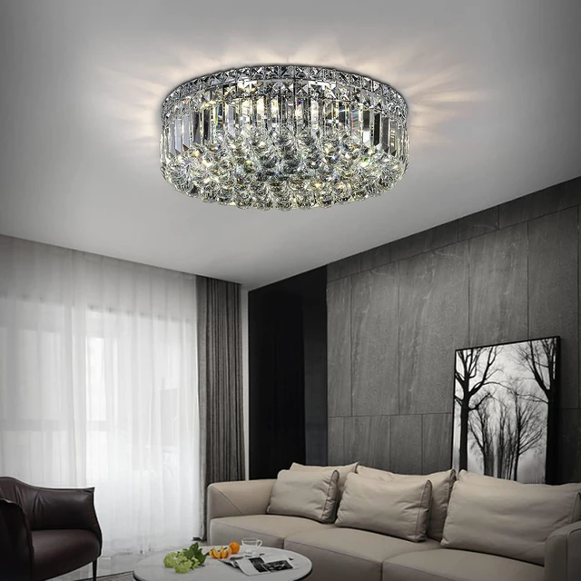 Alt view image 2 of 7 - 20" Modern Crystal Chandelier, 6-Light Chrome Crystal Flush Mount Chandelier, K9 Round Ceiling Lights Raindrop Chandeliers Light Fixture for Dining Room Entryway Foyer Bedroom Kitchen Living Room