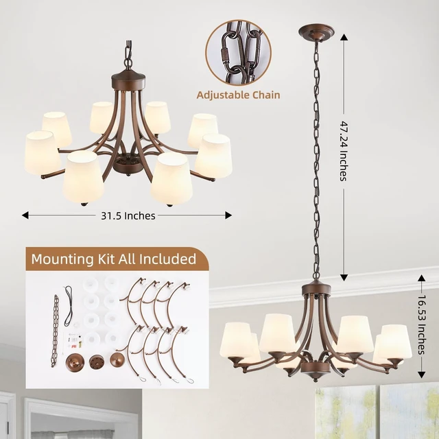 Alt view image 3 of 7 - 8-Light Large Rustic Chandeliers with Frosted Milky White Glass, Classic 30Pendant Ceiling Light, Oil Rubbed Bronze Durable Metal Hanging Fixture for Dining Room, Living Room, Kitchen, Farmhouse