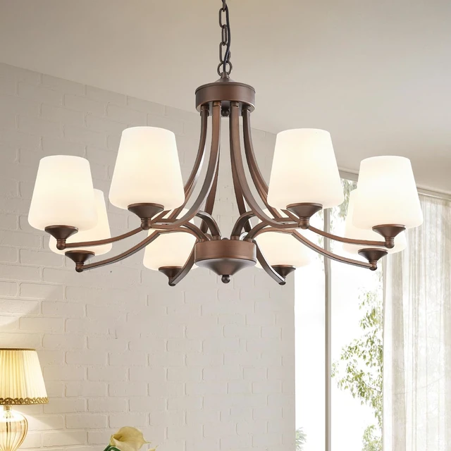 Alt view image 7 of 7 - 8-Light Large Rustic Chandeliers with Frosted Milky White Glass, Classic 30Pendant Ceiling Light, Oil Rubbed Bronze Durable Metal Hanging Fixture for Dining Room, Living Room, Kitchen, Farmhouse