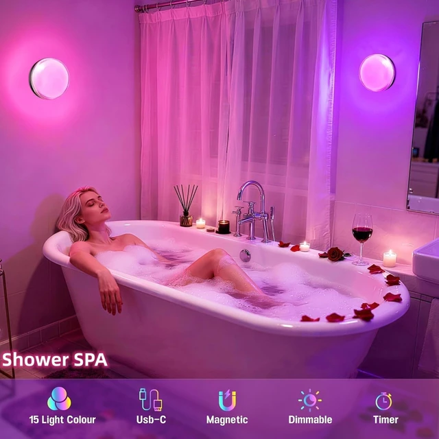 Alt view image 3 of 7 - 2Packs IP68 Waterprooof Rechargeable Shower Lights,400LM, RGB Therapy, Remote Control,4000mAh Battery, 3CCT & 16 RGB Colors,3 Timers,Inside Shower Lamp for Bathroom, Bedroom, Party Mood Lighting