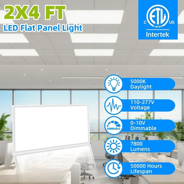 Alt view image 2 of 7 - 2x4 LED Flat Panel Light,2 Pack 7800 LM Drop Ceiling Office Light Fixture,5000K Commercial Lights,0-10V Dimmable, 2x4 Recessed Edge-Lit Troffer Fixture for Office Kitchen,ETL Listed