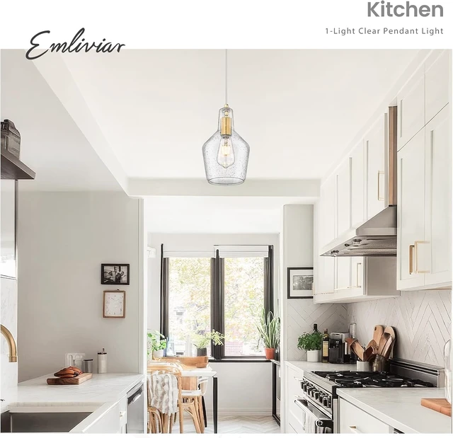 Alt view image 2 of 6 - Emliviar 11 Inch Farmhouse Pendant Light Fixture, 1-Light Hanging Kitchen Lighting with Seeded Glass, Brushed Gold Finish, DYE286G2-MIL BG