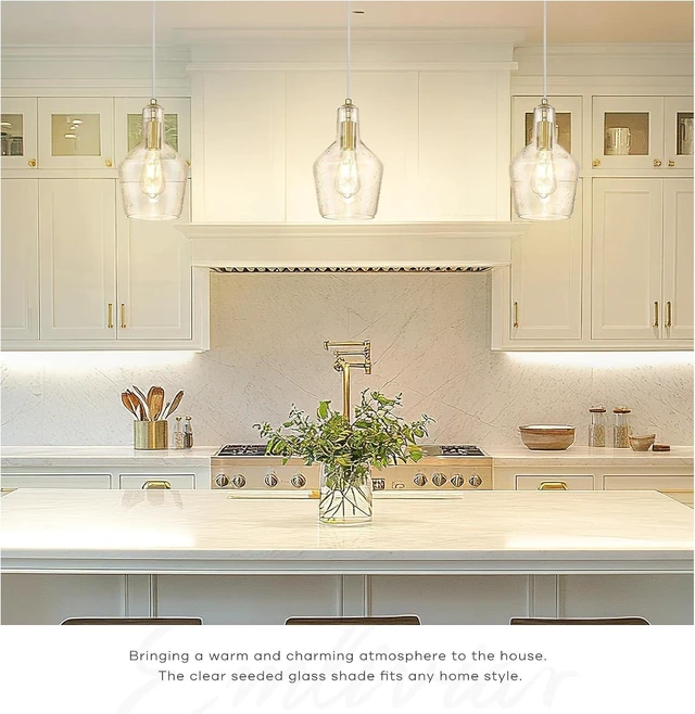 Alt view image 3 of 6 - Emliviar 11 Inch Farmhouse Pendant Light Fixture, 1-Light Hanging Kitchen Lighting with Seeded Glass, Brushed Gold Finish, DYE286G2-MIL BG