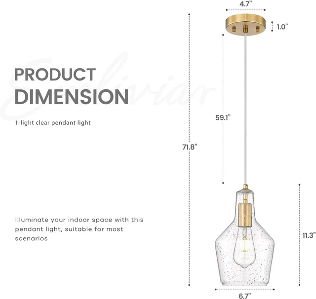 Alt view image 6 of 6 - Emliviar 11 Inch Farmhouse Pendant Light Fixture, 1-Light Hanging Kitchen Lighting with Seeded Glass, Brushed Gold Finish, DYE286G2-MIL BG