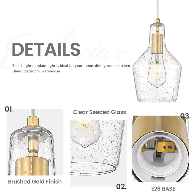 Alt view image 5 of 6 - Emliviar 11 Inch Farmhouse Pendant Light Fixture, 1-Light Hanging Kitchen Lighting with Seeded Glass, Brushed Gold Finish, DYE286G2-MIL BG