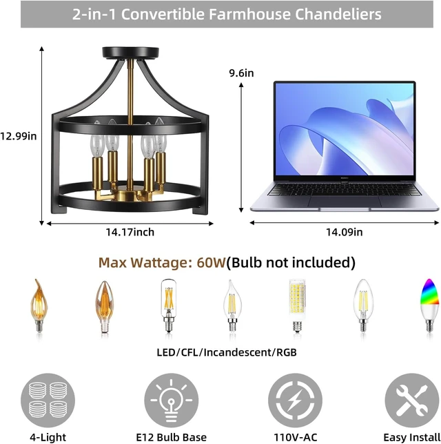 Alt view image 2 of 7 - Farmhouse Dining Room Light Fixture 4 Lights Black and Gold Chandelier