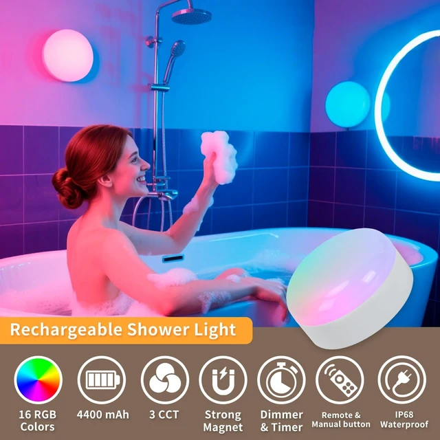 Alt view image 5 of 7 - 2Packs IP68 Waterprooof Rechargeable Shower Lights,400LM, RGB Therapy, Remote Control,4000mAh Battery, 3CCT & 16 RGB Colors,3 Timers,Inside Shower Lamp for Bathroom, Bedroom, Party Mood Lighting
