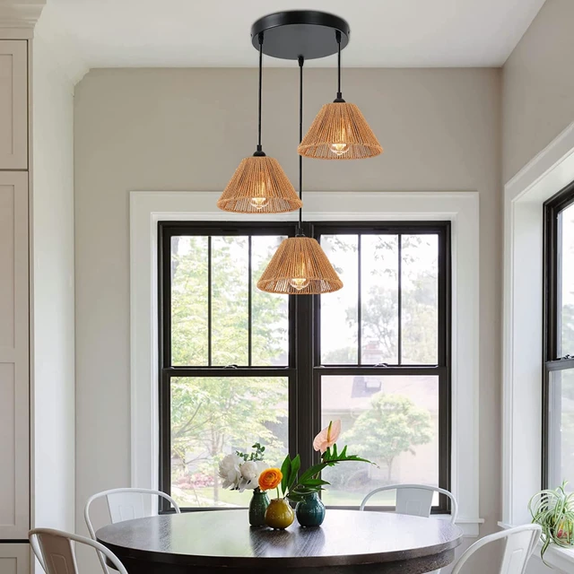 Alt view image 4 of 7 - 3x Boho Rattan Pendant Lamp Replacement Shade Ceiling Fan Light Bulb Covers Light Shades for Hanging Light Fixtures Shades Only Farmhouse Wicker Woven Lampshade, Ø9.85" x H5.5"
