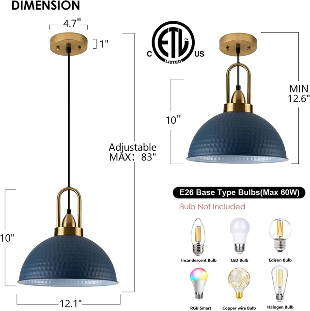 Alt view image 2 of 7 - Blue Pendant Lights Kitchen Island Industrial Adjustable Height Vintage Dome Hanging Light Fixtures for Barn, Dining Room 1 Pack