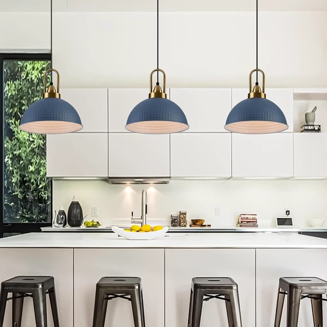Alt view image 7 of 7 - Blue Pendant Lights Kitchen Island Industrial Adjustable Height Vintage Dome Hanging Light Fixtures for Barn, Dining Room 1 Pack