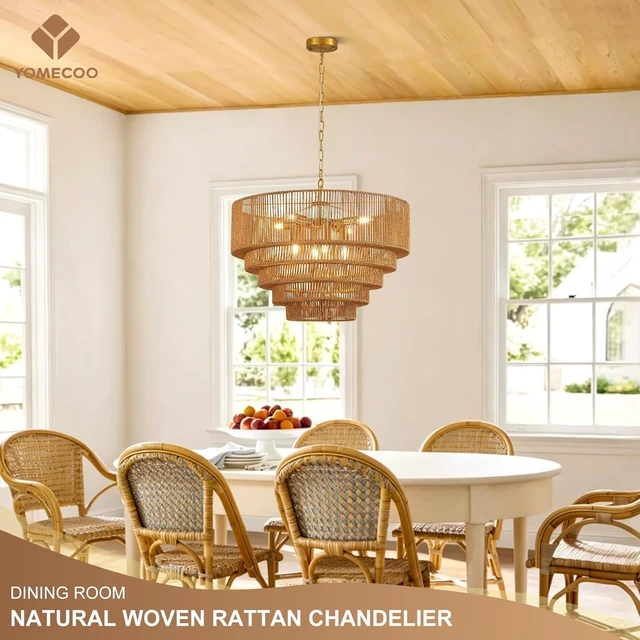 Alt view image 2 of 7 - 25.6" Large Golden Rattan Chandelier, 8-Light Wicker Light Fixture