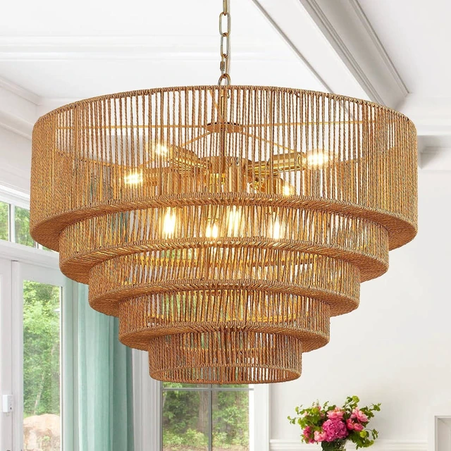 Main image of 25.6" Large Golden Rattan Chandelier, 8-Light Wicker Light Fixture