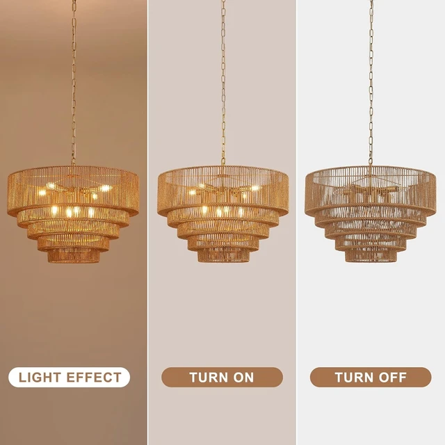 Alt view image 5 of 7 - 25.6" Large Golden Rattan Chandelier, 8-Light Wicker Light Fixture