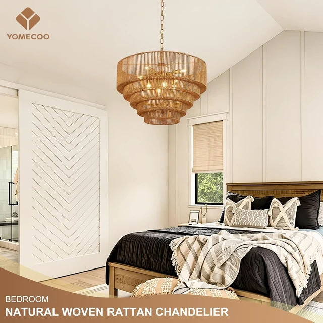 Alt view image 6 of 7 - 25.6" Large Golden Rattan Chandelier, 8-Light Wicker Light Fixture