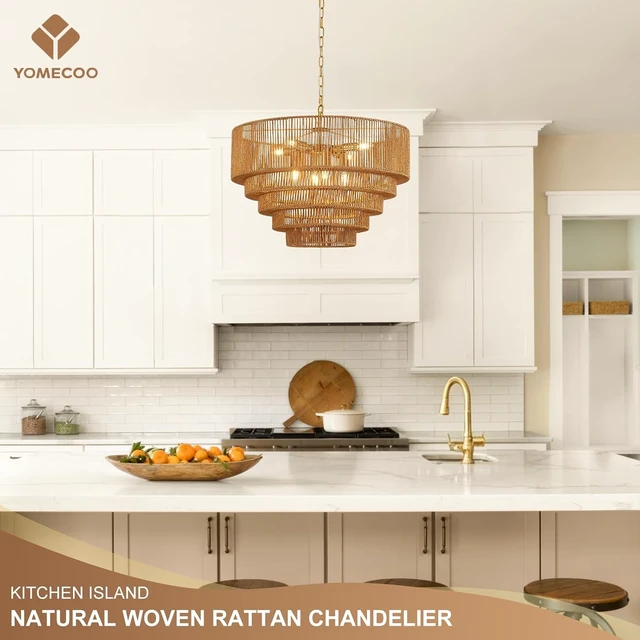 Alt view image 7 of 7 - 25.6" Large Golden Rattan Chandelier, 8-Light Wicker Light Fixture