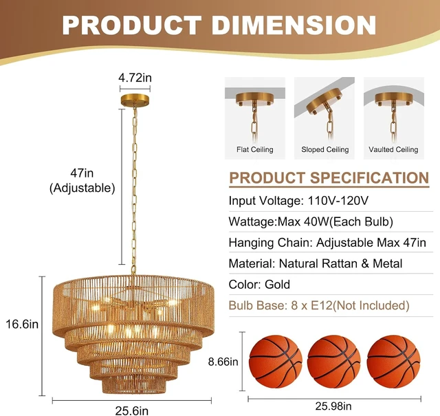 Alt view image 4 of 7 - 25.6" Large Golden Rattan Chandelier, 8-Light Wicker Light Fixture