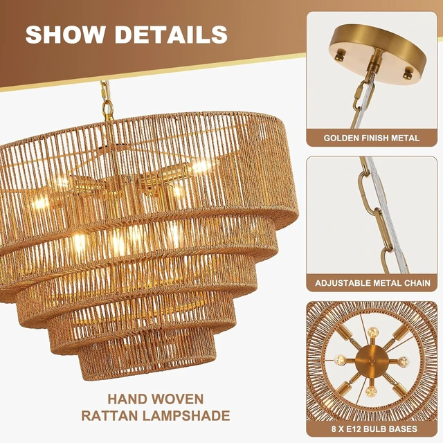 Alt view image 3 of 7 - 25.6" Large Golden Rattan Chandelier, 8-Light Wicker Light Fixture
