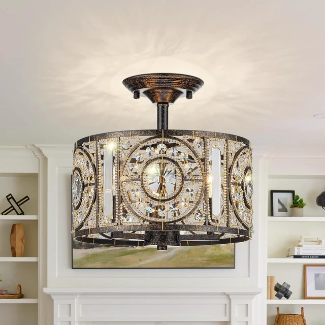 Main image of Vintage Crystal Drum Chandelier, 3-Lights Bronze Finish Retro Chandelier Lighting Fixtures, Semi Flush Mount Ceiling Light for Dining Room Living Room Bedroom Entryway Etc.