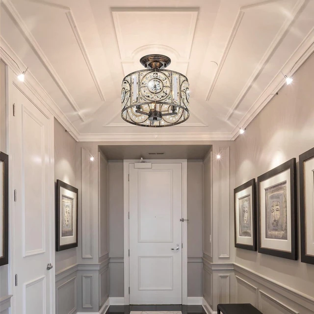 Alt view image 2 of 7 - Vintage Crystal Drum Chandelier, 3-Lights Bronze Finish Retro Chandelier Lighting Fixtures, Semi Flush Mount Ceiling Light for Dining Room Living Room Bedroom Entryway Etc.