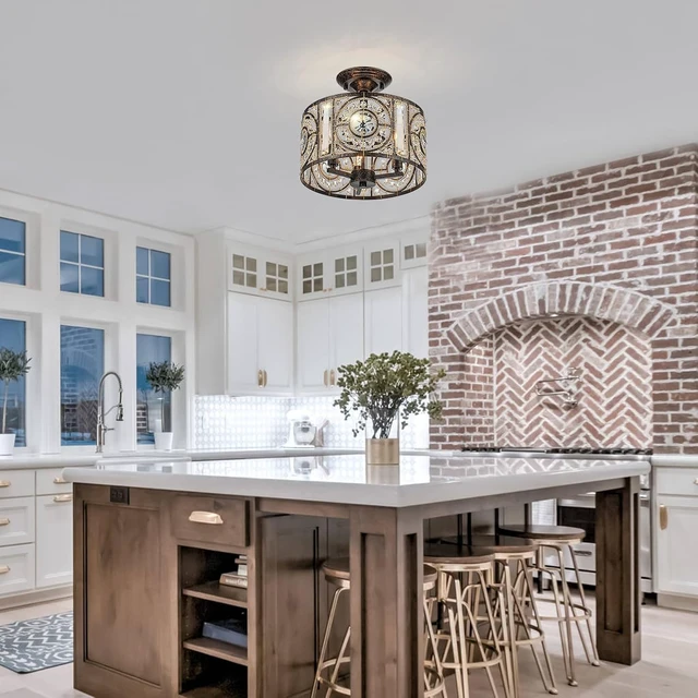 Alt view image 3 of 7 - Vintage Crystal Drum Chandelier, 3-Lights Bronze Finish Retro Chandelier Lighting Fixtures, Semi Flush Mount Ceiling Light for Dining Room Living Room Bedroom Entryway Etc.