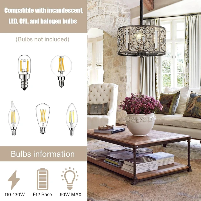 Alt view image 4 of 7 - Vintage Crystal Drum Chandelier, 3-Lights Bronze Finish Retro Chandelier Lighting Fixtures, Semi Flush Mount Ceiling Light for Dining Room Living Room Bedroom Entryway Etc.