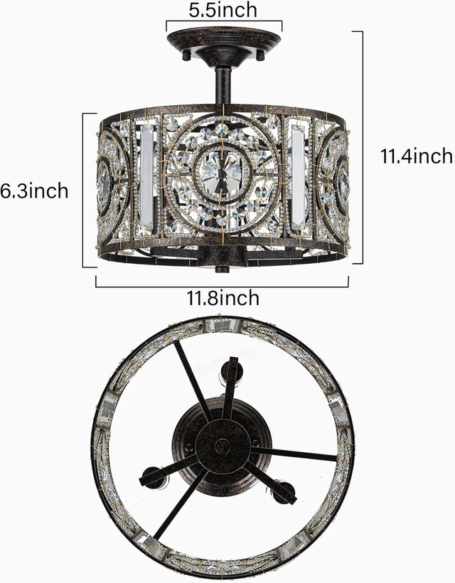 Alt view image 5 of 7 - Vintage Crystal Drum Chandelier, 3-Lights Bronze Finish Retro Chandelier Lighting Fixtures, Semi Flush Mount Ceiling Light for Dining Room Living Room Bedroom Entryway Etc.