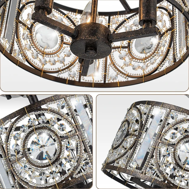 Alt view image 6 of 7 - Vintage Crystal Drum Chandelier, 3-Lights Bronze Finish Retro Chandelier Lighting Fixtures, Semi Flush Mount Ceiling Light for Dining Room Living Room Bedroom Entryway Etc.