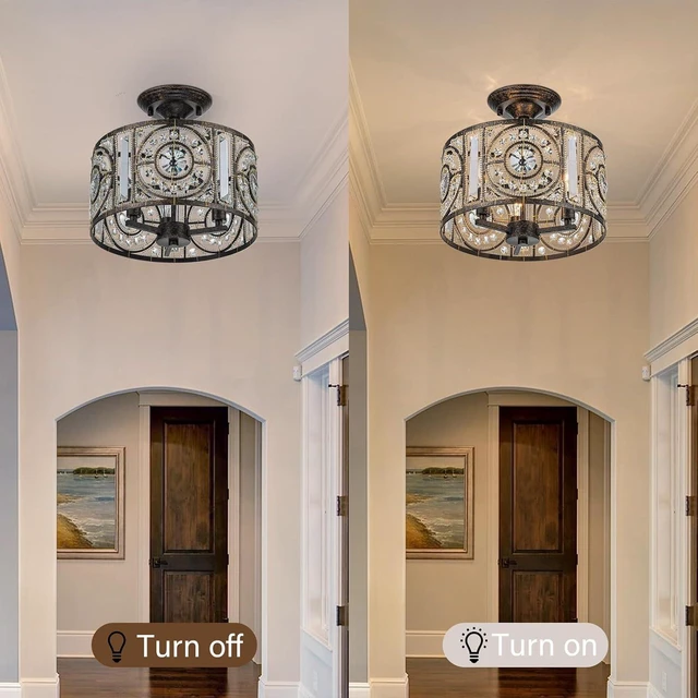 Alt view image 7 of 7 - Vintage Crystal Drum Chandelier, 3-Lights Bronze Finish Retro Chandelier Lighting Fixtures, Semi Flush Mount Ceiling Light for Dining Room Living Room Bedroom Entryway Etc.
