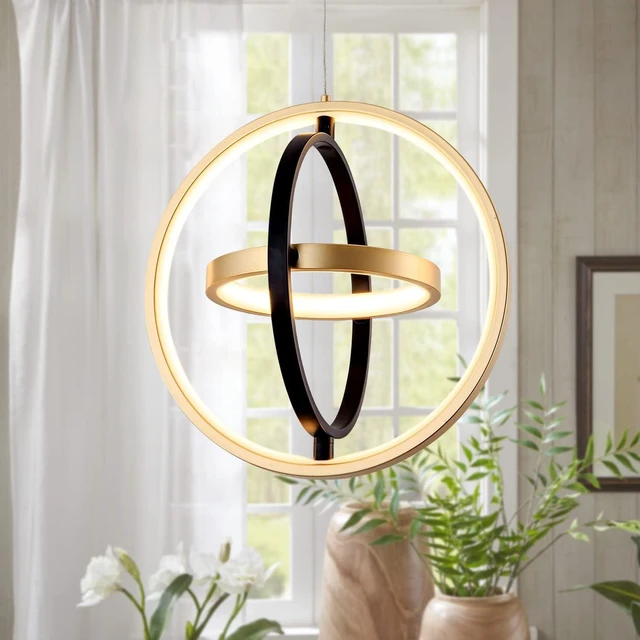 Main image of Modern LED Chandelier DIY Creative Chandelier Adjustable Hanging Round Ring 3 Ring 4000K Warm White Light Fixture for Dining Room Bedroom Kitchen Island Hall Black Gold (D = 11.8")