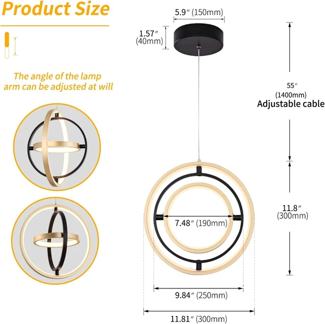 Alt view image 5 of 7 - Modern LED Chandelier DIY Creative Chandelier Adjustable Hanging Round Ring 3 Ring 4000K Warm White Light Fixture for Dining Room Bedroom Kitchen Island Hall Black Gold (D = 11.8")